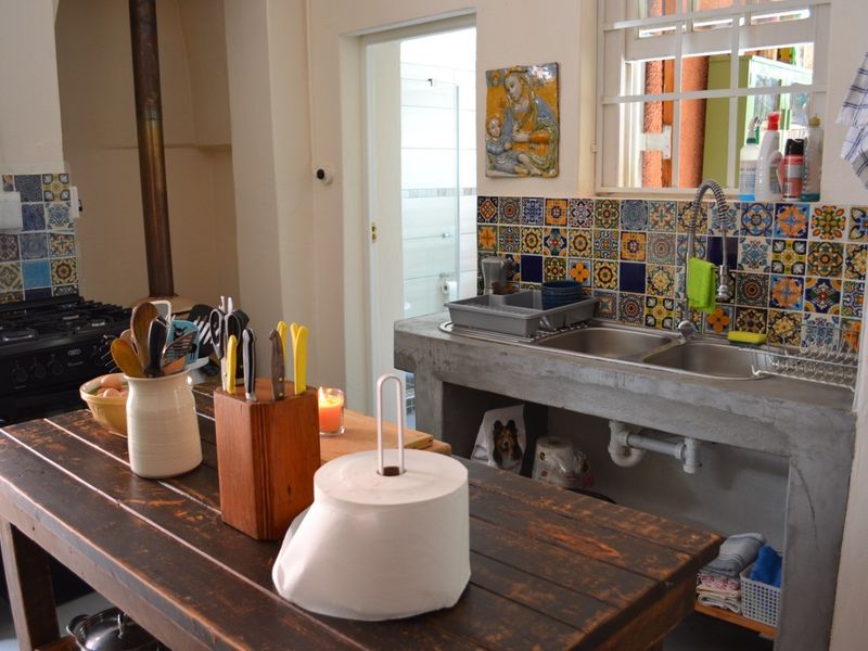 A rustic kitchen featuring a concrete countertop with a double sink, decorative tiled splashback, and a freestanding gas stove with a wood-burning fireplace.