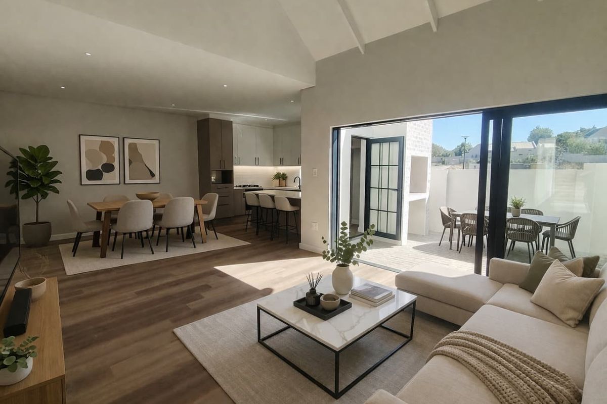 Spacious open-plan living area featuring vaulted ceilings, modern kitchen with island, and seamless flow to a private outdoor patio with built-in braai.