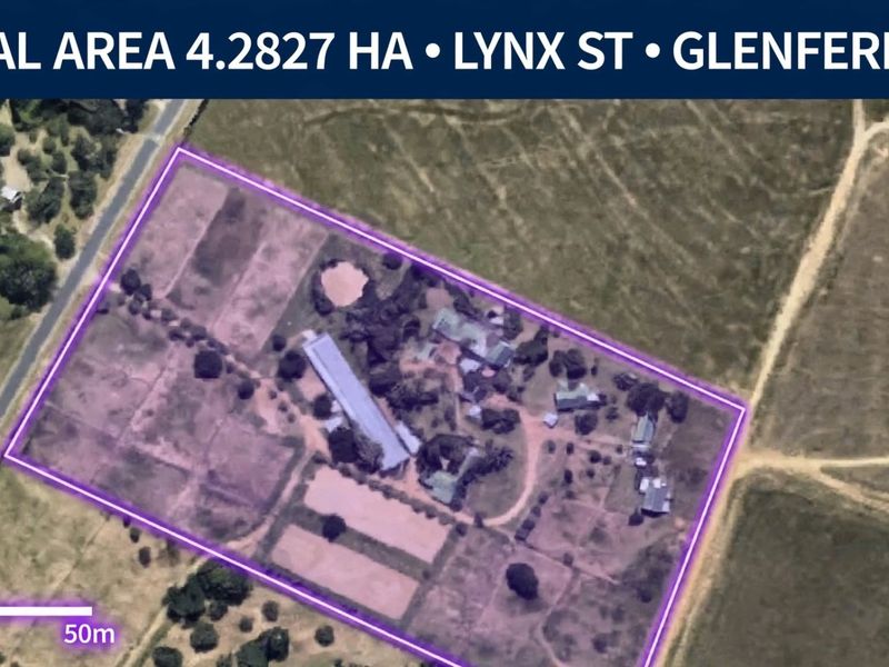 Aerial view of the 4.2827 hectare small holding property located on Lynx Street in Glenferness, showing the site layout and existing structures.