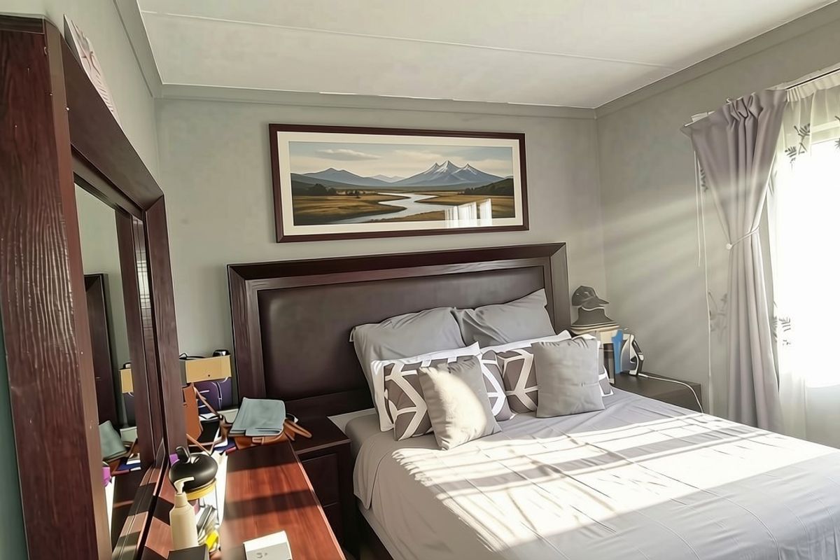 A well-lit bedroom featuring neutral wall tones, a window with curtain treatments, and a standard electrical light switch.
