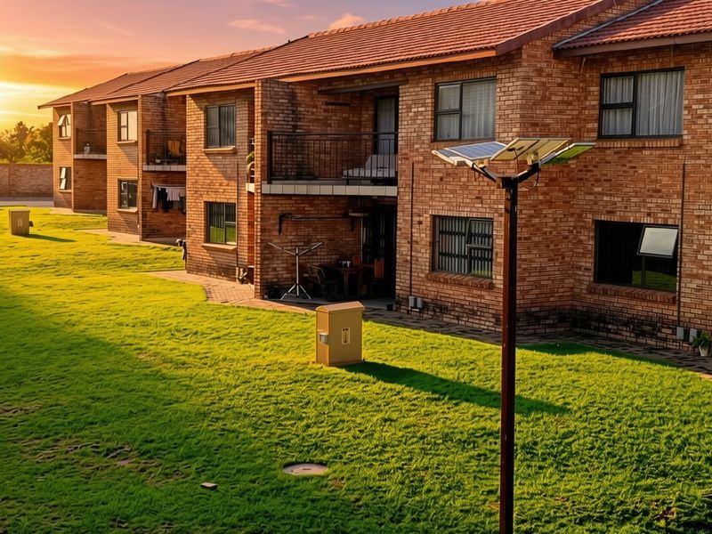 Rear view of a multi-story face brick apartment complex featuring private balconies, paved patio areas, and well-maintained communal lawn space.