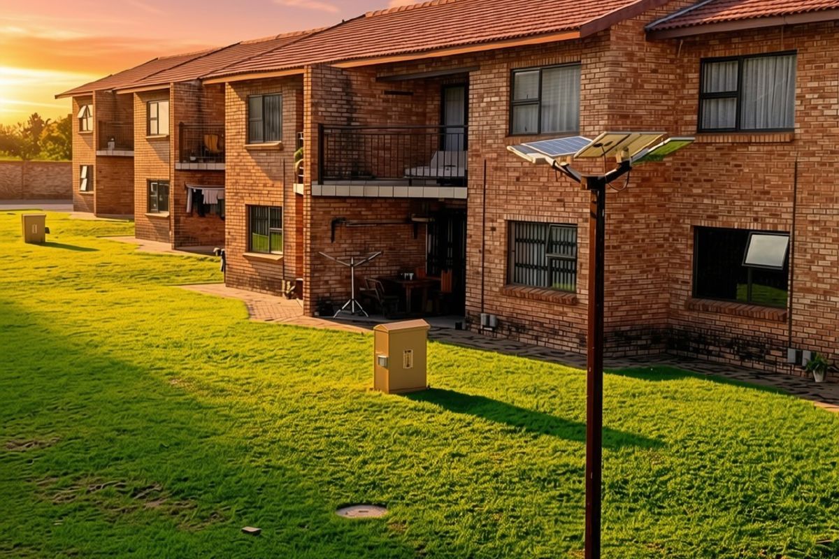 Rear view of a multi-story face brick apartment complex featuring private balconies, paved patio areas, and well-maintained communal lawn space.