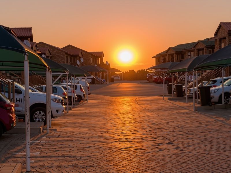 Exterior view of an apartment complex parking area featuring paved driveways and covered carport structures at sunset.