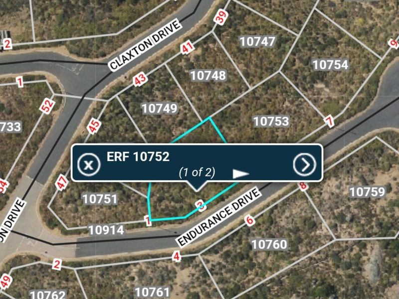 An aerial map view showing the boundary lines and location of Erf 10752 within the residential estate.
