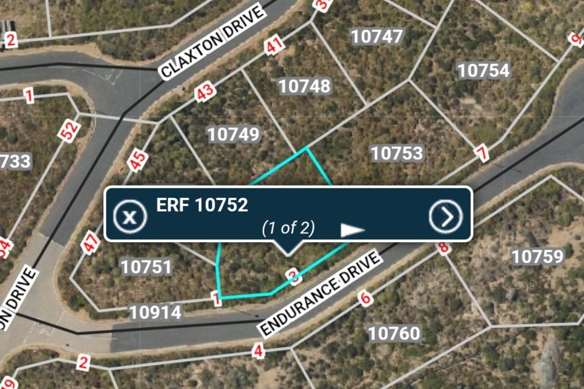 An aerial map view showing the boundary lines and location of Erf 10752 within the residential estate.