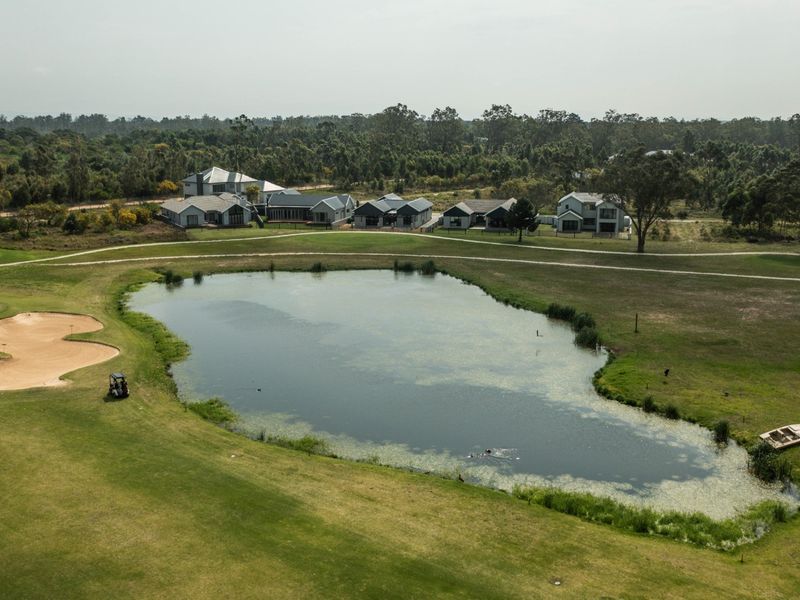 Aerial view of a residential estate situated adjacent to a golf course, featuring a large water hazard and landscaped grounds.