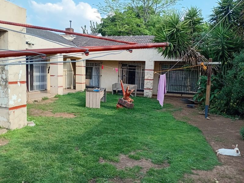 Rear view of the house featuring a lawn area, security bars on windows, and concrete structural pillars requiring maintenance.