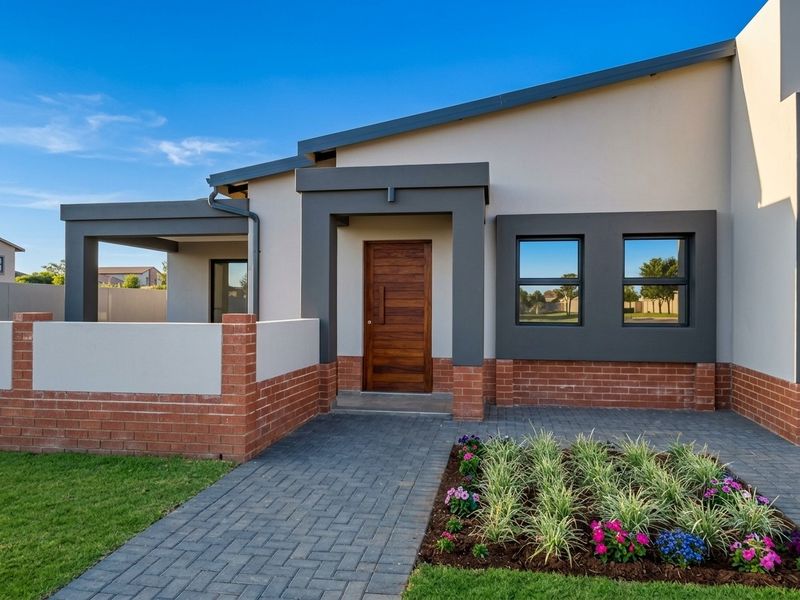 Modern front facade featuring a combination of brick and rendered walls, a timber entrance door, and a neat paved walkway leading to the porch.