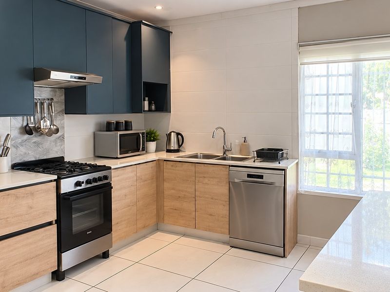 Modern kitchen featuring two-tone cabinetry, stone countertops, gas stove with extractor, and tiled flooring, offering a clean and functional workspace.