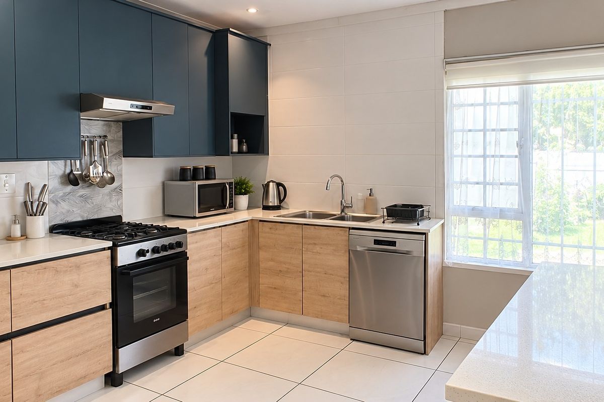 Modern kitchen featuring two-tone cabinetry, stone countertops, gas stove with extractor, and tiled flooring, offering a clean and functional workspace.