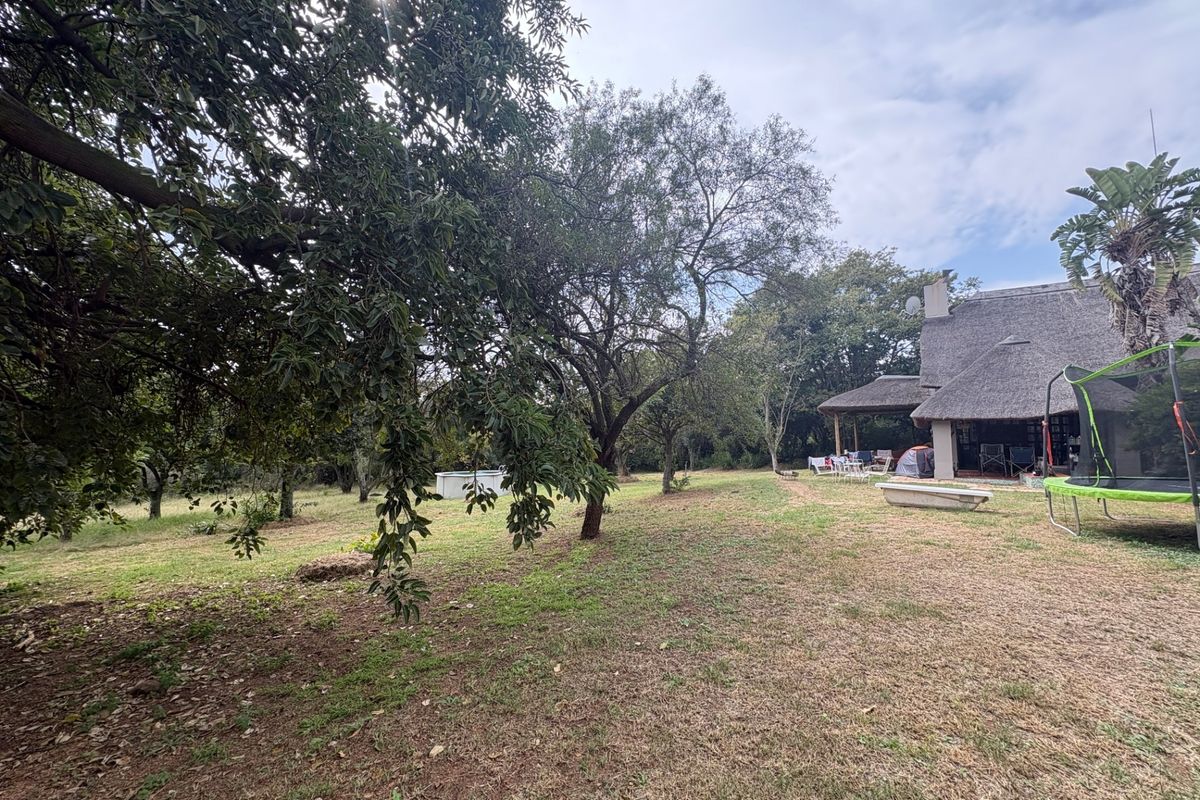 A spacious rear garden area featuring mature trees, a lawn, and a view of the main dwelling with a traditional thatch roof and covered patio.