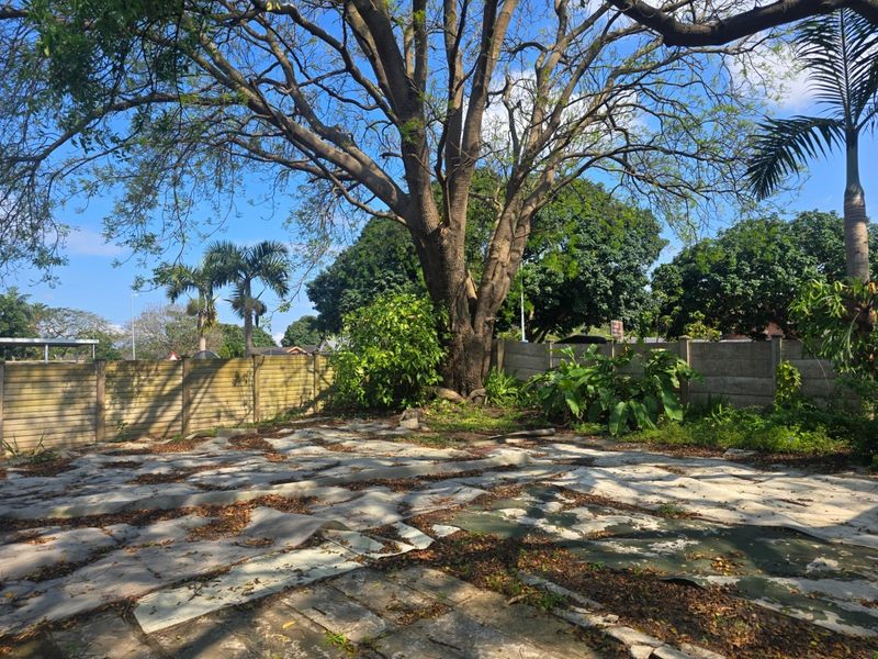 A spacious rear garden area featuring mature trees, a precast concrete boundary wall, and a paved section requiring maintenance and landscaping.