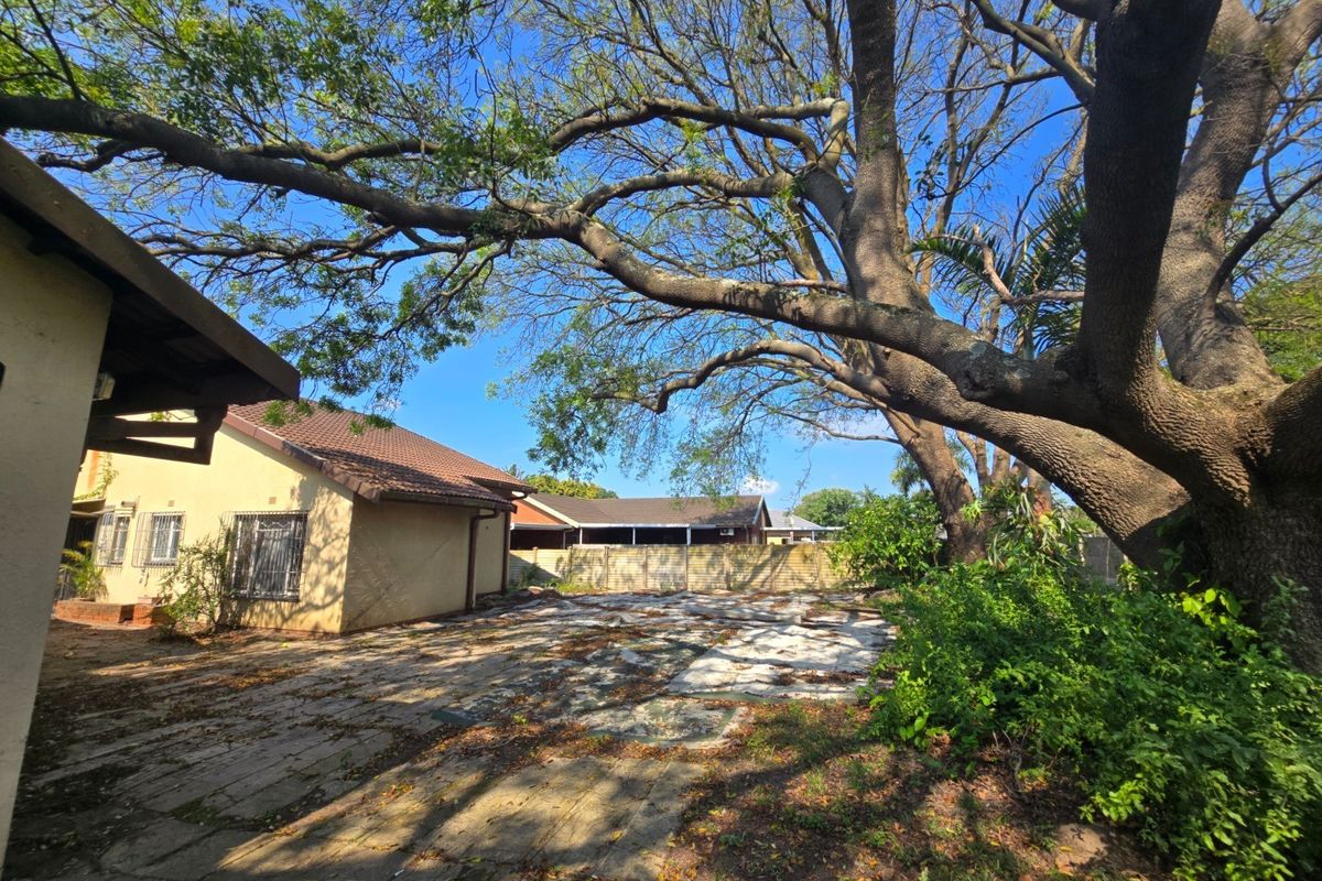 Rear exterior view of the property featuring a paved patio area, mature trees, and perimeter walling.
