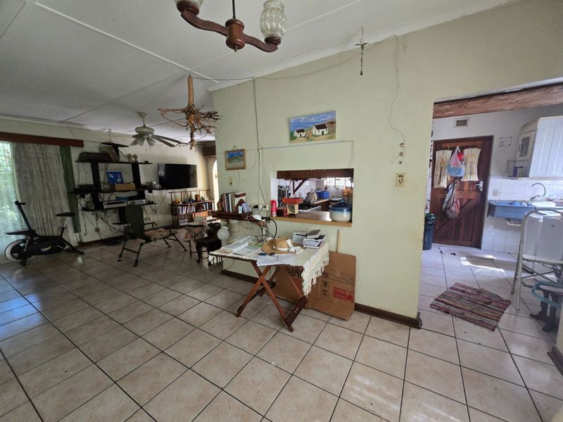 Open-plan living area featuring tiled flooring, a ceiling fan, and a pass-through window connecting to the kitchen space.