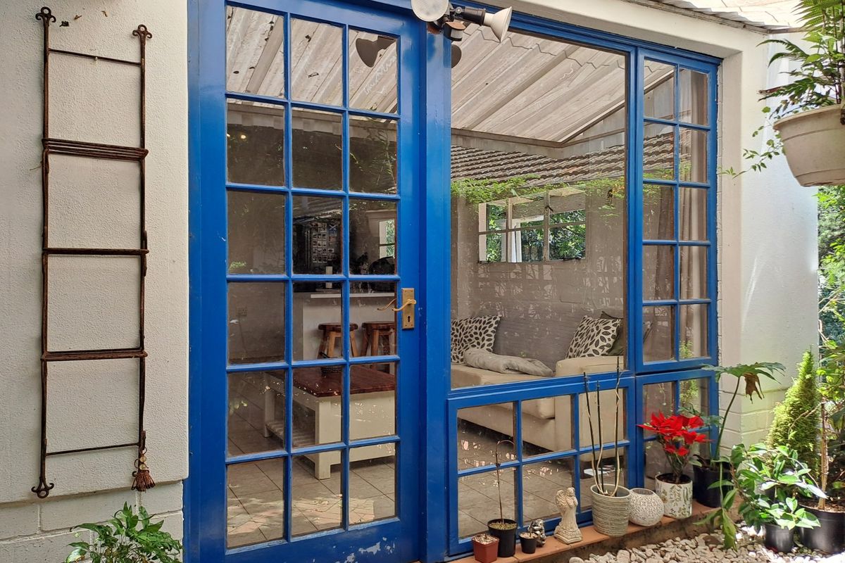 A covered patio area featuring blue-painted timber-framed glass doors and a translucent corrugated roof, providing a transition to the interior living space.