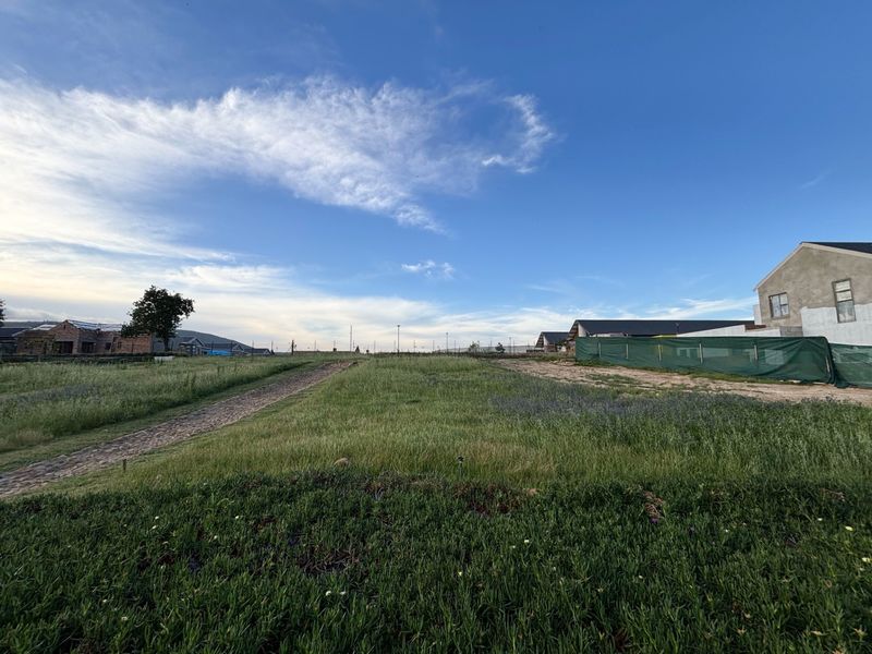 A wide-angle view of a vacant residential plot featuring natural grassland and a paved pathway, situated within a developing residential estate.