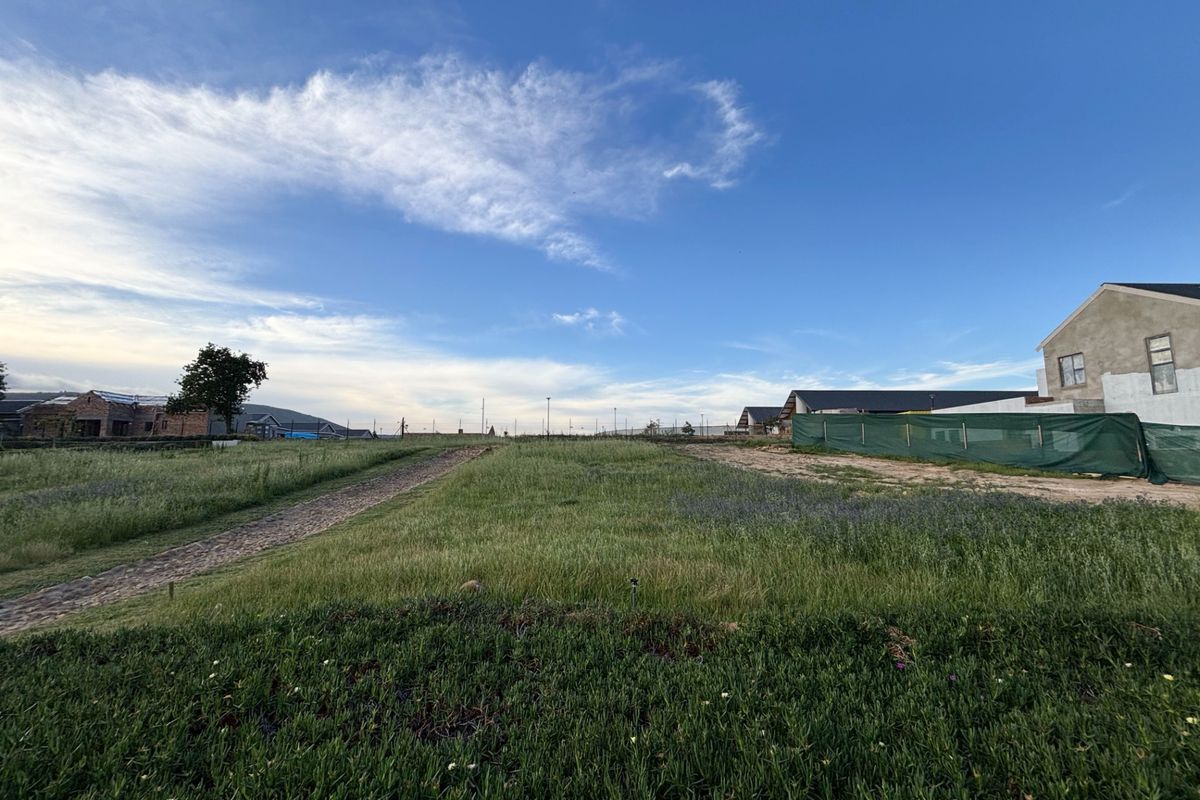A wide-angle view of a vacant residential plot featuring natural grassland and a paved pathway, situated within a developing residential estate.