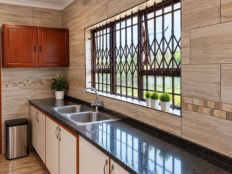 A well-maintained kitchen featuring granite countertops, double stainless steel sink, and ample built-in cabinetry with tiled wall finishes.