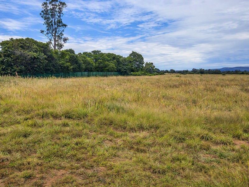 A wide, open residential vacant land plot featuring natural grass cover, mature boundary trees, and perimeter fencing.