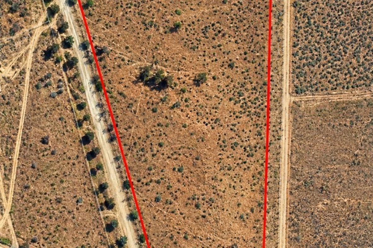 Aerial view of a vacant residential plot with natural vegetation and direct access to a dirt road.