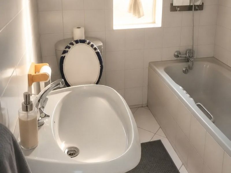 A functional bathroom featuring a pedestal basin, bathtub with handheld shower mixer, and toilet, finished with neutral wall and floor tiling.