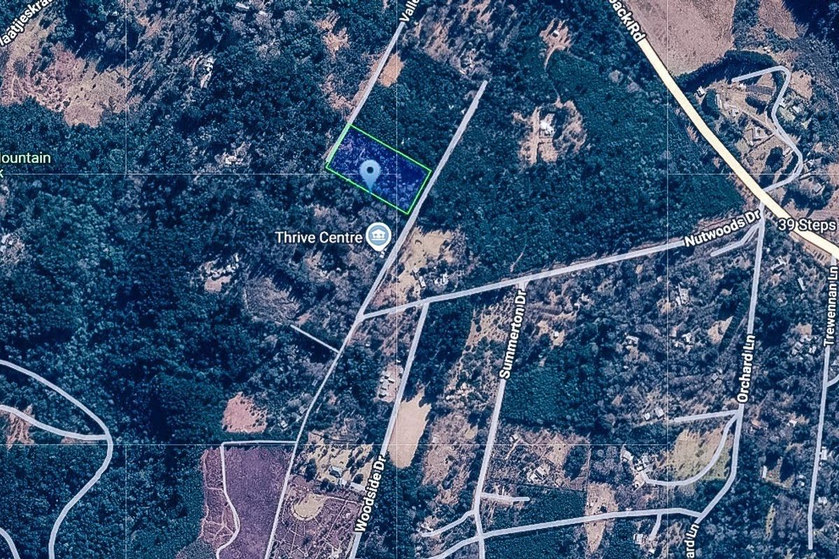 An aerial satellite view showing the location and boundaries of the vacant residential land plot within the surrounding forested area.