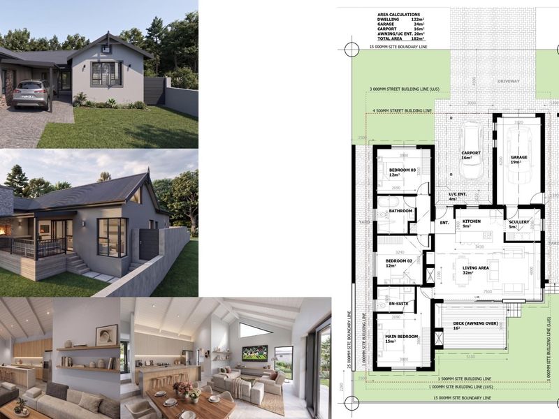 A comprehensive architectural floor plan and site layout for the property, including exterior renderings and area calculations for the dwelling and garage.