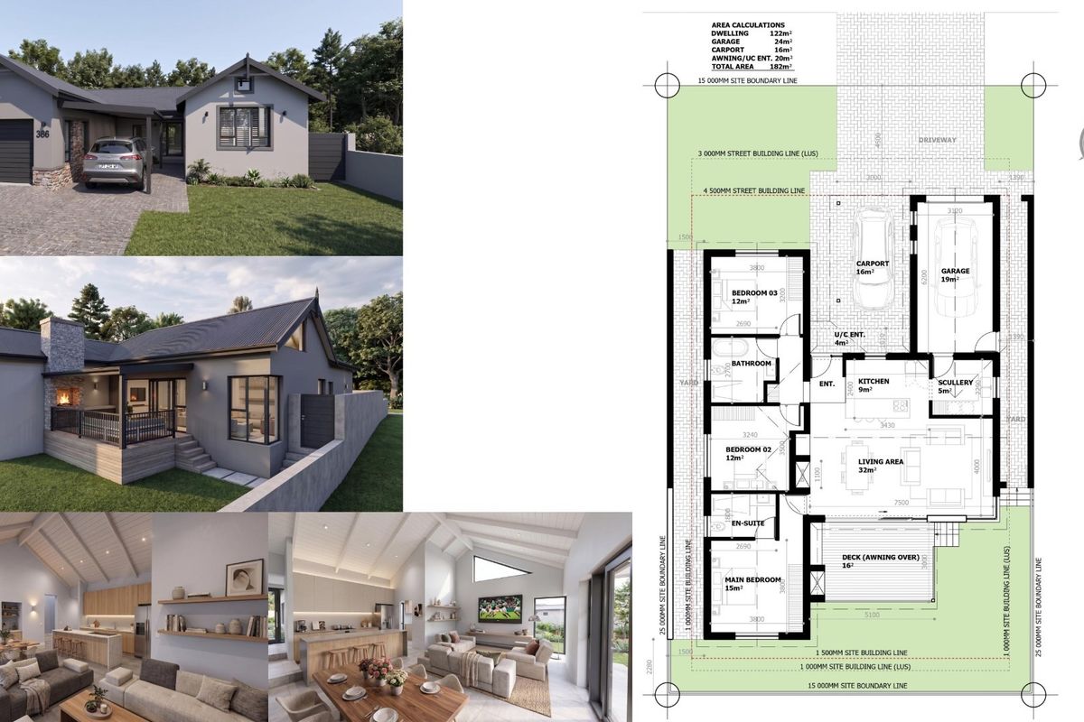 A comprehensive architectural floor plan and site layout for the property, including exterior renderings and area calculations for the dwelling and garage.
