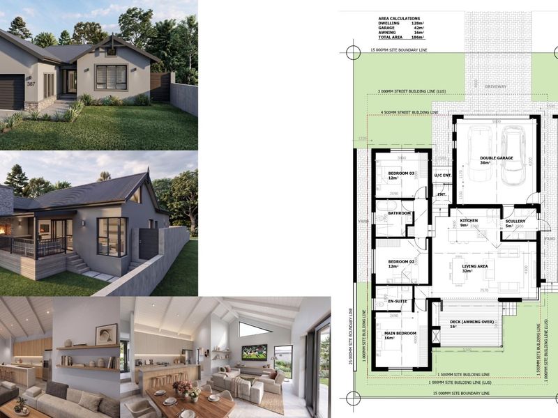 A comprehensive architectural floor plan and 3D exterior renderings for a residential property, detailing the layout, room dimensions, and site boundaries.
