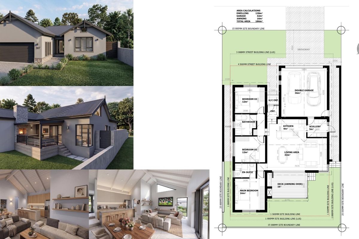 A comprehensive architectural floor plan and 3D exterior renderings for a residential property, detailing the layout, room dimensions, and site boundaries.