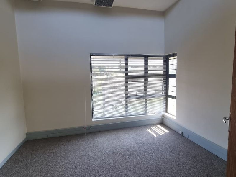 A bright, empty office space featuring carpeted flooring, a corner window with venetian blinds, and a solid wooden door.