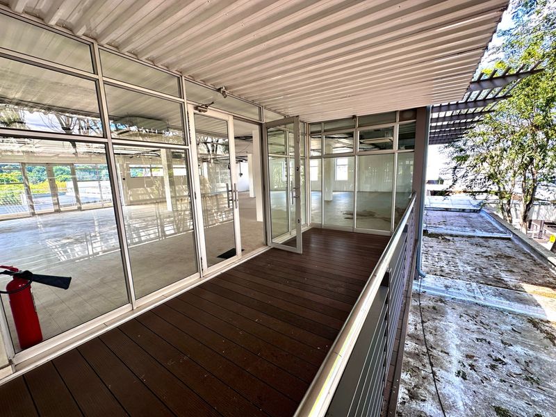 A covered balcony featuring timber decking and extensive glass walling, providing a clear view into the open-plan office interior.