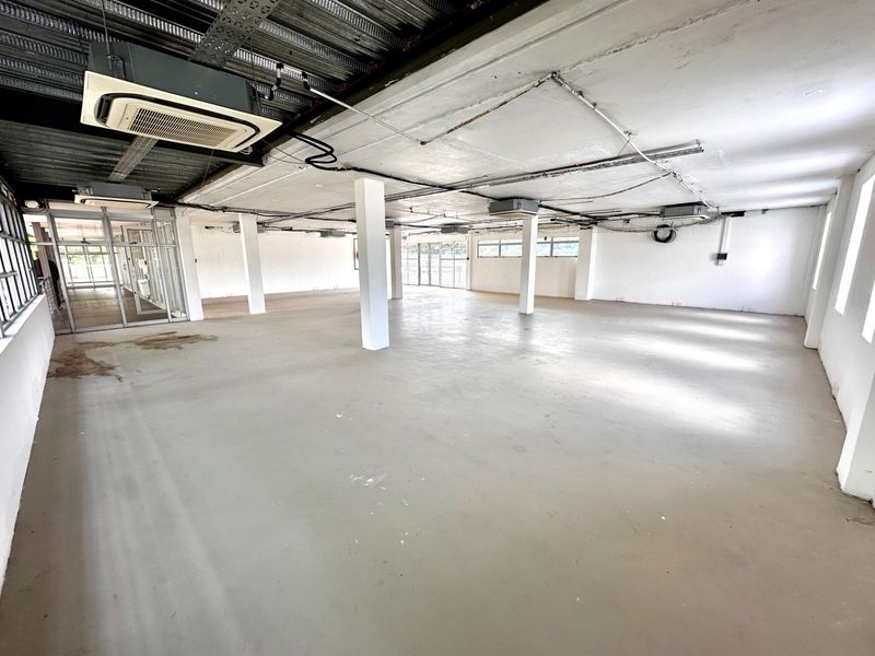 An expansive, open-plan office space featuring exposed ceilings, structural columns, and polished concrete flooring, offering a versatile layout for professional use.