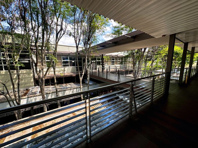An elevated outdoor walkway and balcony area featuring timber decking, metal balustrades, and a covered roof structure overlooking a landscaped courtyard.