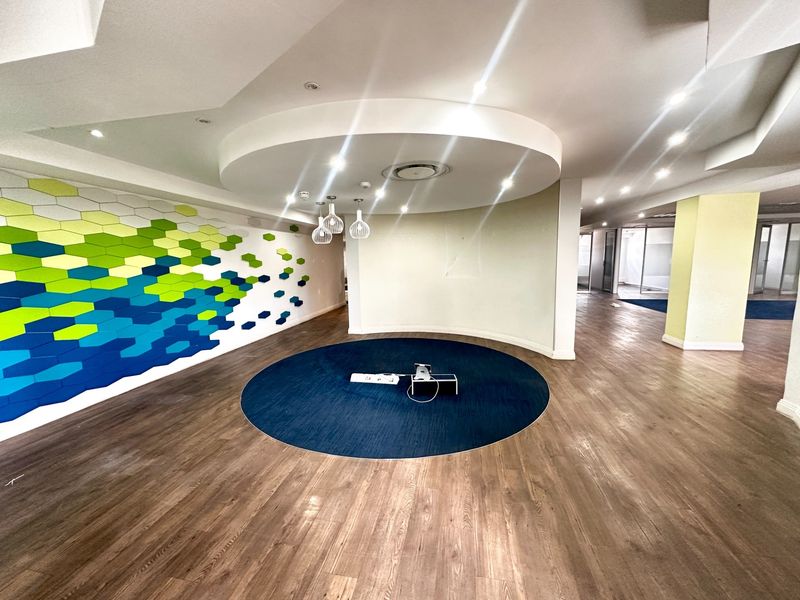 Spacious open-plan office area featuring a modern circular ceiling design, decorative acoustic wall panels, and durable laminate wood flooring.