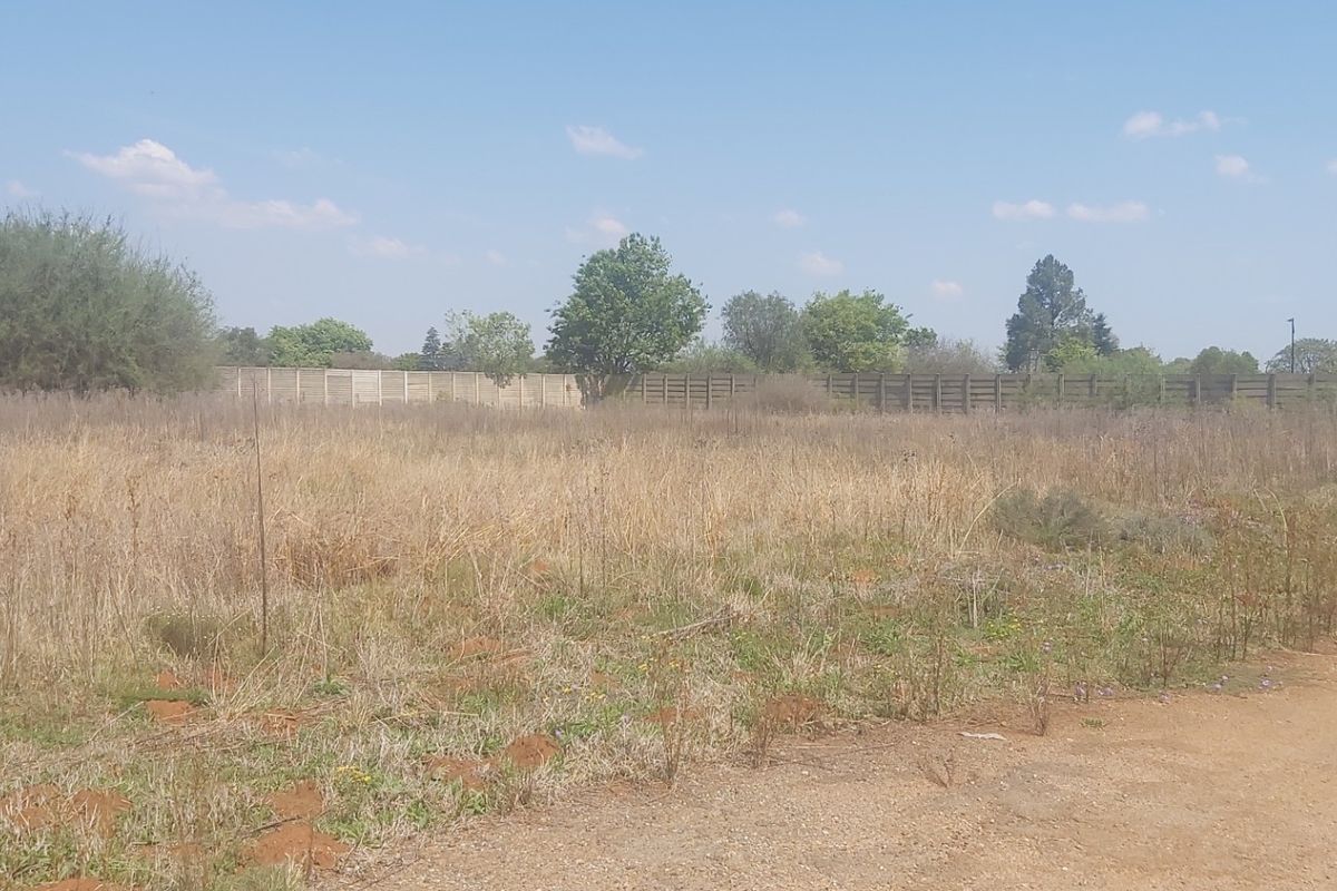 A vacant residential plot featuring natural grass cover, an unpaved access track, and a precast concrete boundary wall along the rear perimeter.