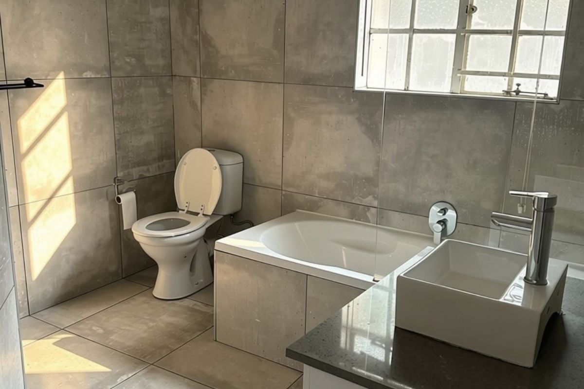 Modern bathroom featuring large format grey tiles, a built-in bathtub, a vessel sink on a stone vanity, and a toilet.