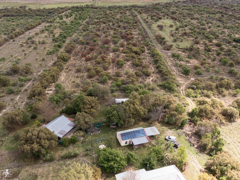 Aerial view of a small holding property featuring multiple structures with metal roofing, solar panel installations, and extensive surrounding natural vegetation and land.