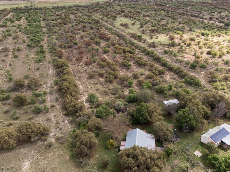 Aerial view of a small holding property featuring multiple structures with metal roofing, solar panels, and extensive surrounding natural veld landscape.