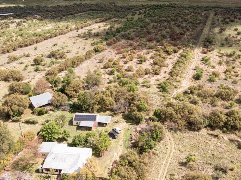 Aerial view of a small holding property featuring multiple structures with metal roofing, solar panel installations, and expansive surrounding natural landscape.