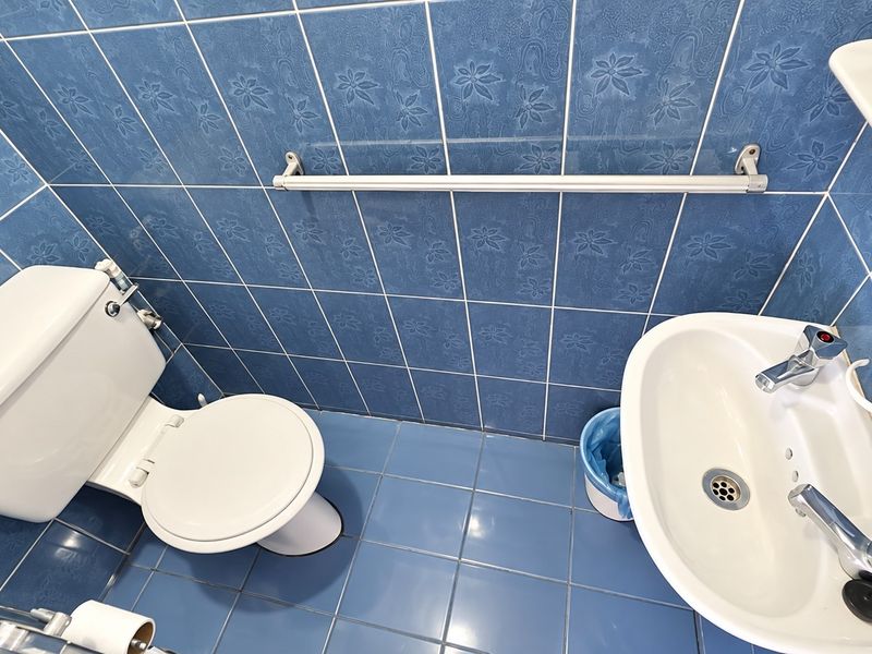 A compact bathroom featuring blue patterned wall tiles, blue floor tiles, a white pedestal washbasin, and a standard toilet.