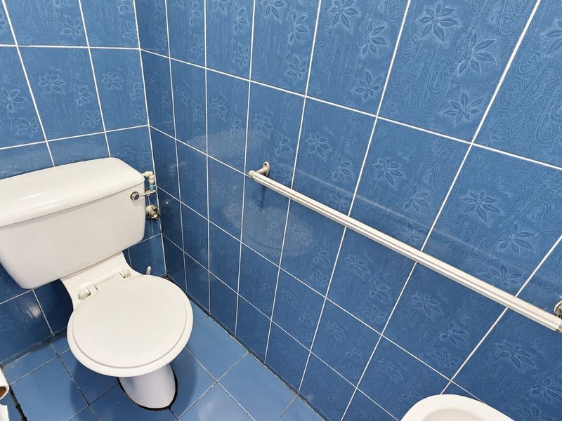 A compact bathroom featuring blue patterned wall tiles, blue floor tiles, and a standard white toilet.