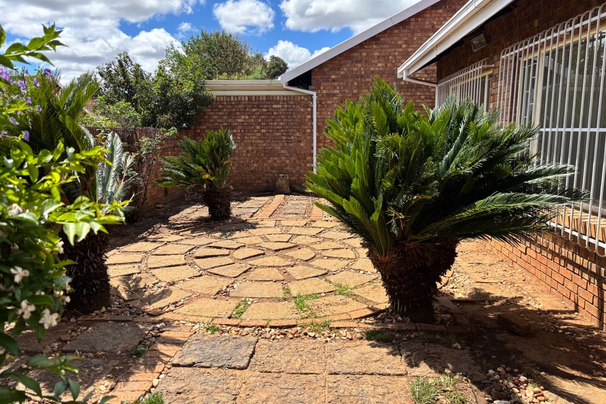 A private rear garden area featuring a circular paved patio, brick boundary walls, and established cycad plants adjacent to the townhouse exterior.