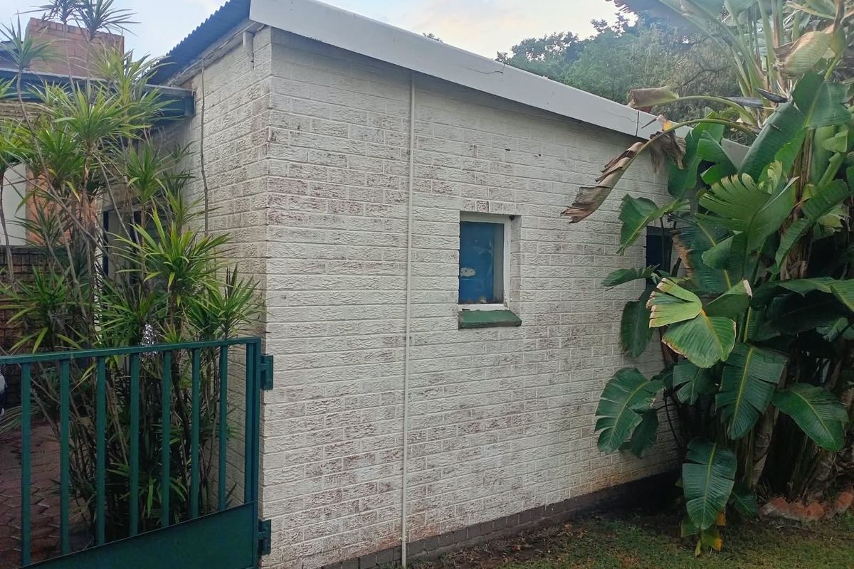 A view of the rear exterior brick structure featuring a corrugated metal roof and a small security window, surrounded by established garden foliage.