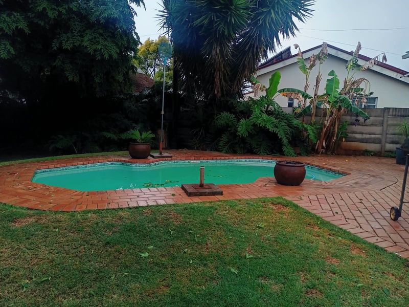 Outdoor swimming pool area featuring brick paving surround and established garden landscaping.