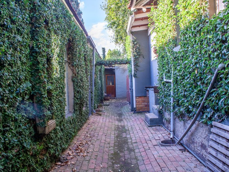 A narrow exterior side passage featuring brick paving and walls covered in climbing ivy, leading to a rear timber door.
