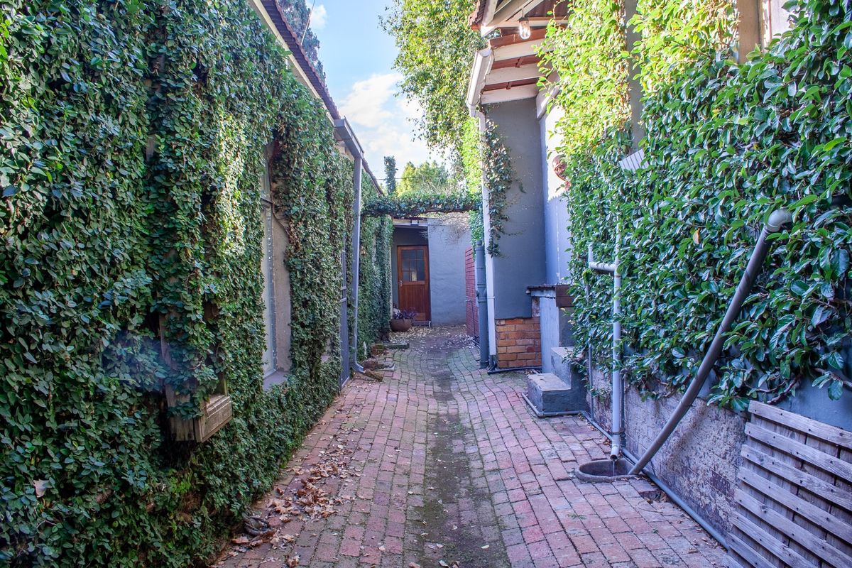 A narrow exterior side passage featuring brick paving and walls covered in climbing ivy, leading to a rear timber door.