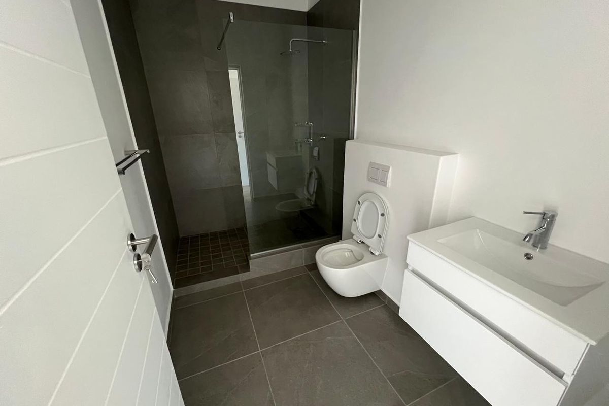 Modern bathroom featuring a walk-in shower with glass screen, wall-hung toilet with concealed cistern, and a contemporary vanity unit with basin.