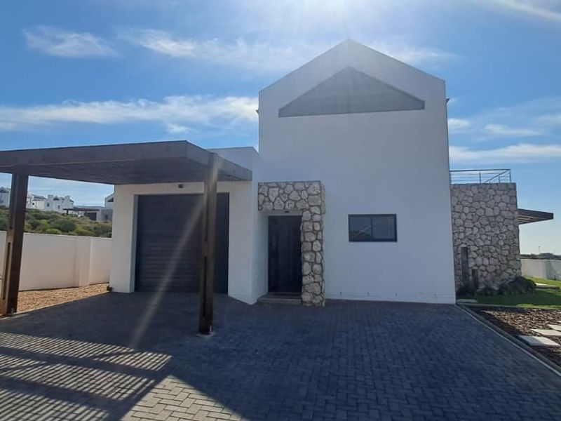 Modern front facade featuring stone cladding, a timber carport, paved driveway, and a distinctive triangular gable window.