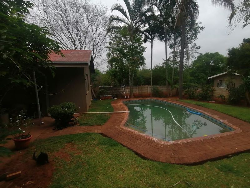 Rear garden area featuring a swimming pool with brick coping, surrounded by lawn and mature trees, enclosed by a precast concrete boundary wall.